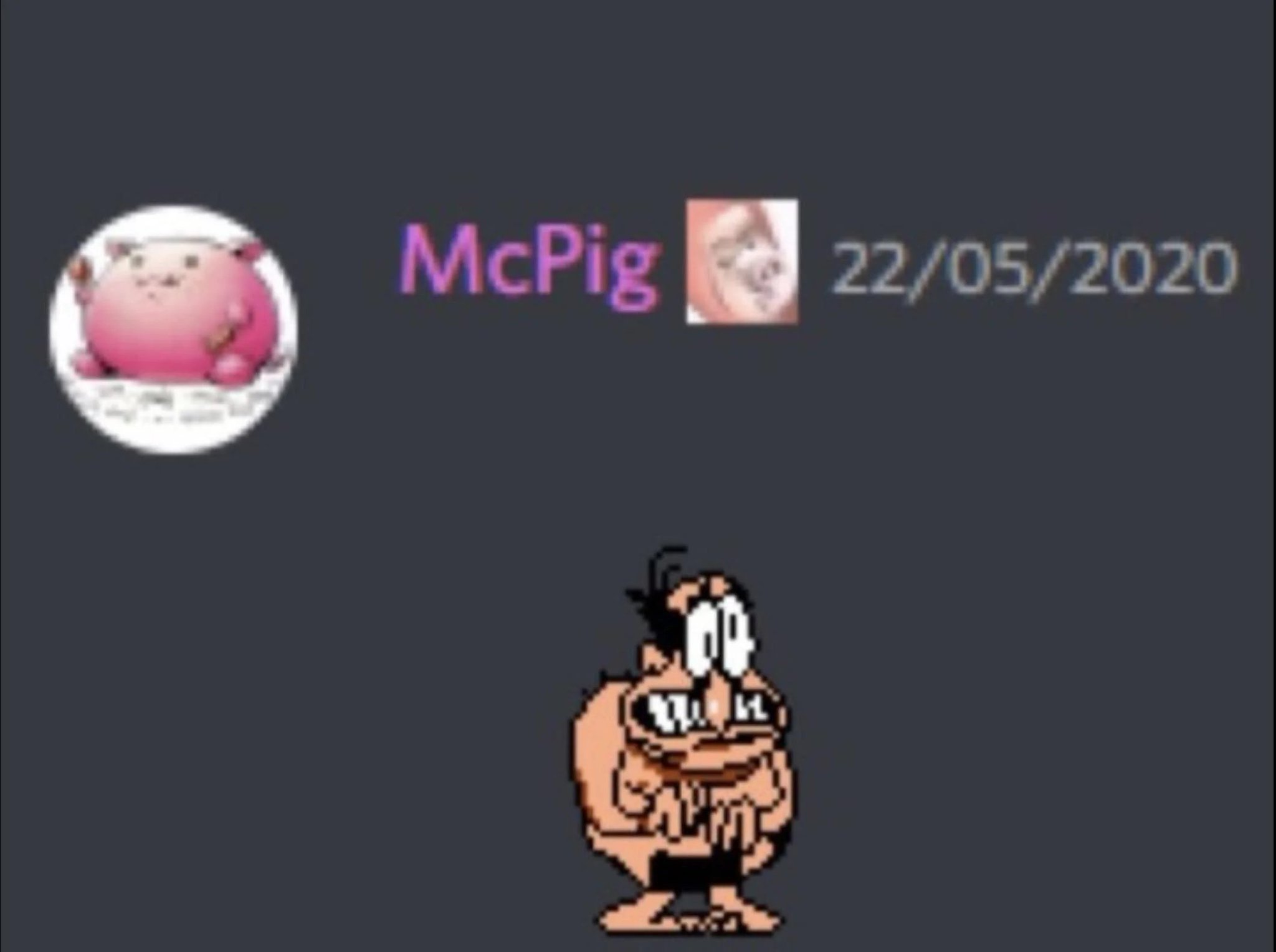 A discord screenshot of McPig, the creator of Pizza Tower sending an image Peppino's idle sprite edited to look like he's naked. There's a black censor bar over his genitals.